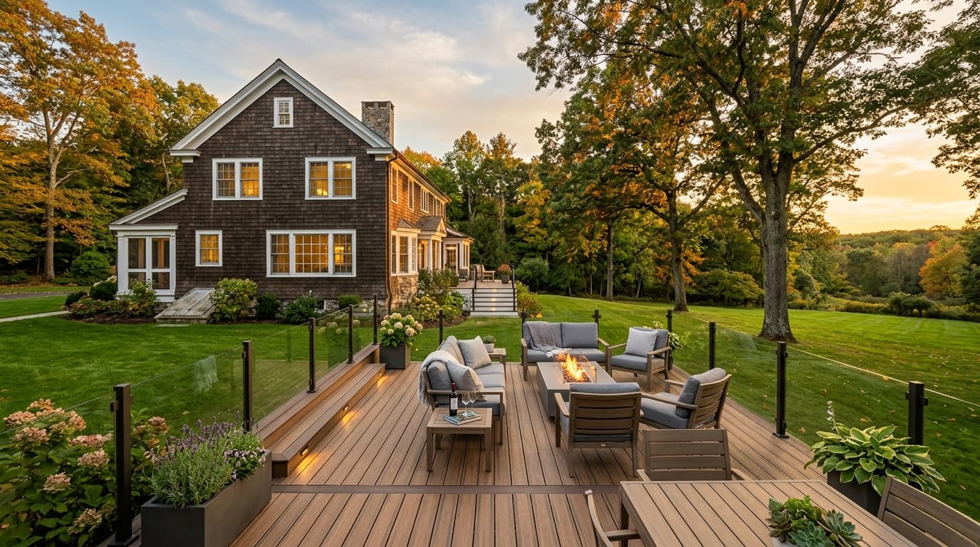 Beautiful backyard deck at golden hour
