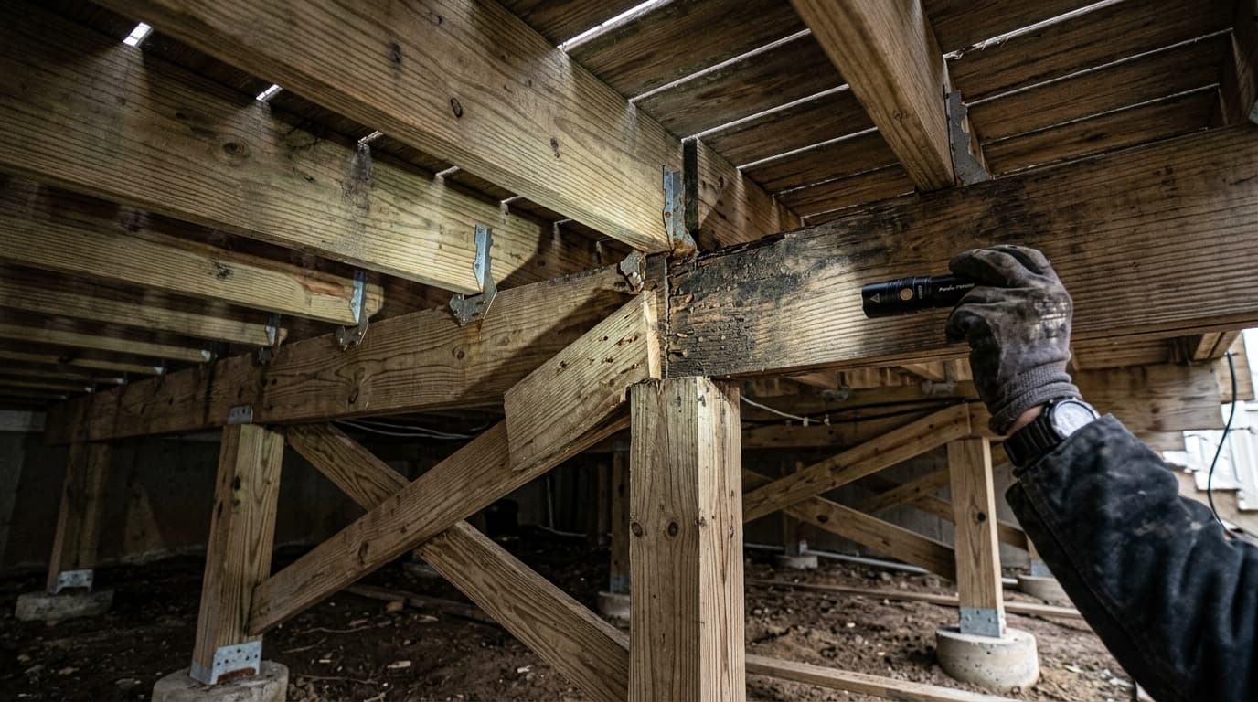 Deck underside inspection showing framing condition